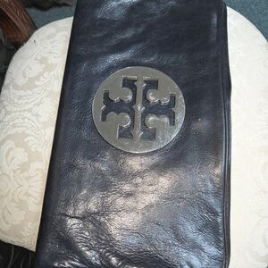 Tory Burch Black Leather Wristlet with Silver Logo